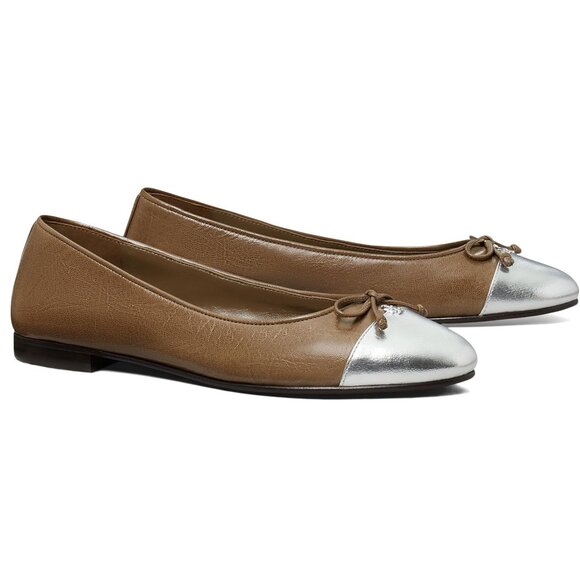 ✨ NEW Tory Burch Cap-Toe Ballet Flats – Tan & Silver – Size 7.5 ($248) - Picture 1 of 4